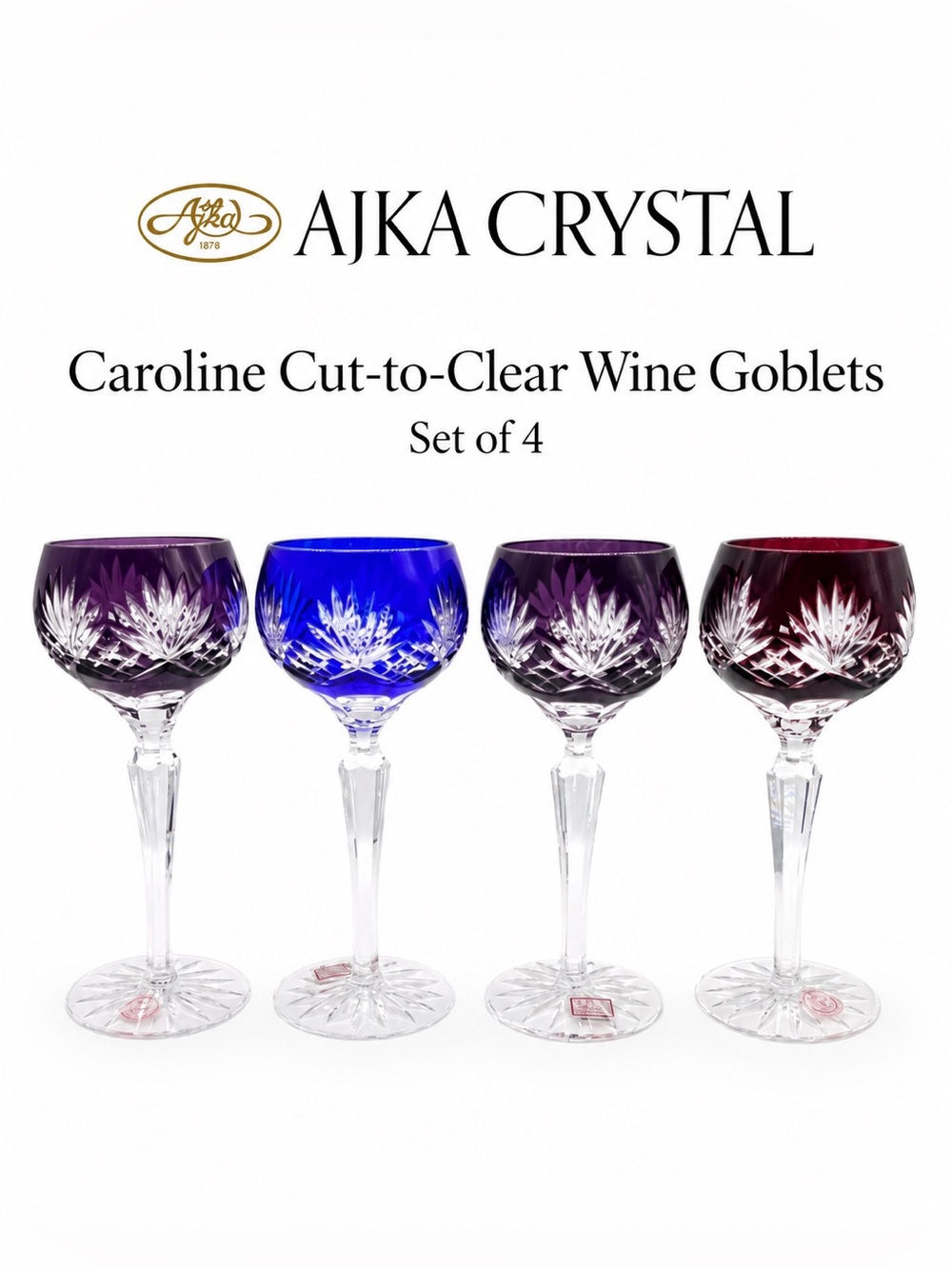 Ajka Crystal Caroline Cut-to-Clear Wine Goblets Set of 4 Vintage Hungary